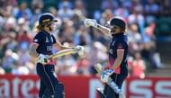 TAUNTON, ENGLAND - JULY 02:  England batsman Heather Knight  congratulate Sarah Taylor (l) on her half century during the ICC Women's World Cup 2017 match between England and Sri Lanka at The Cooper Associates County Ground on July 2, 2017 in Taunton, England.  (Photo by Stu Forster/Getty Images)